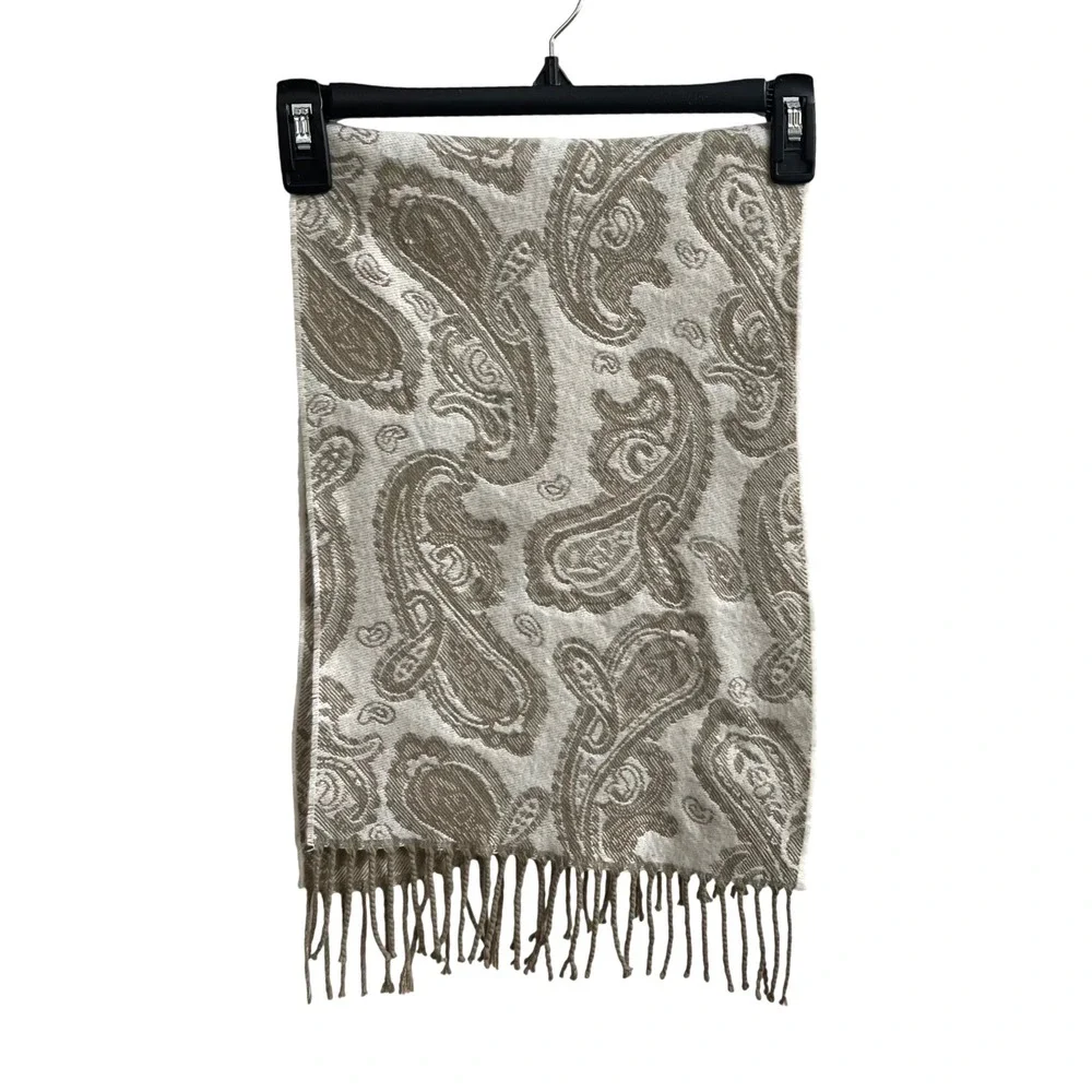 England 100% Cashmere Scarf Women OS Tan Paisley Luxury Winter Fringed Wrap‎